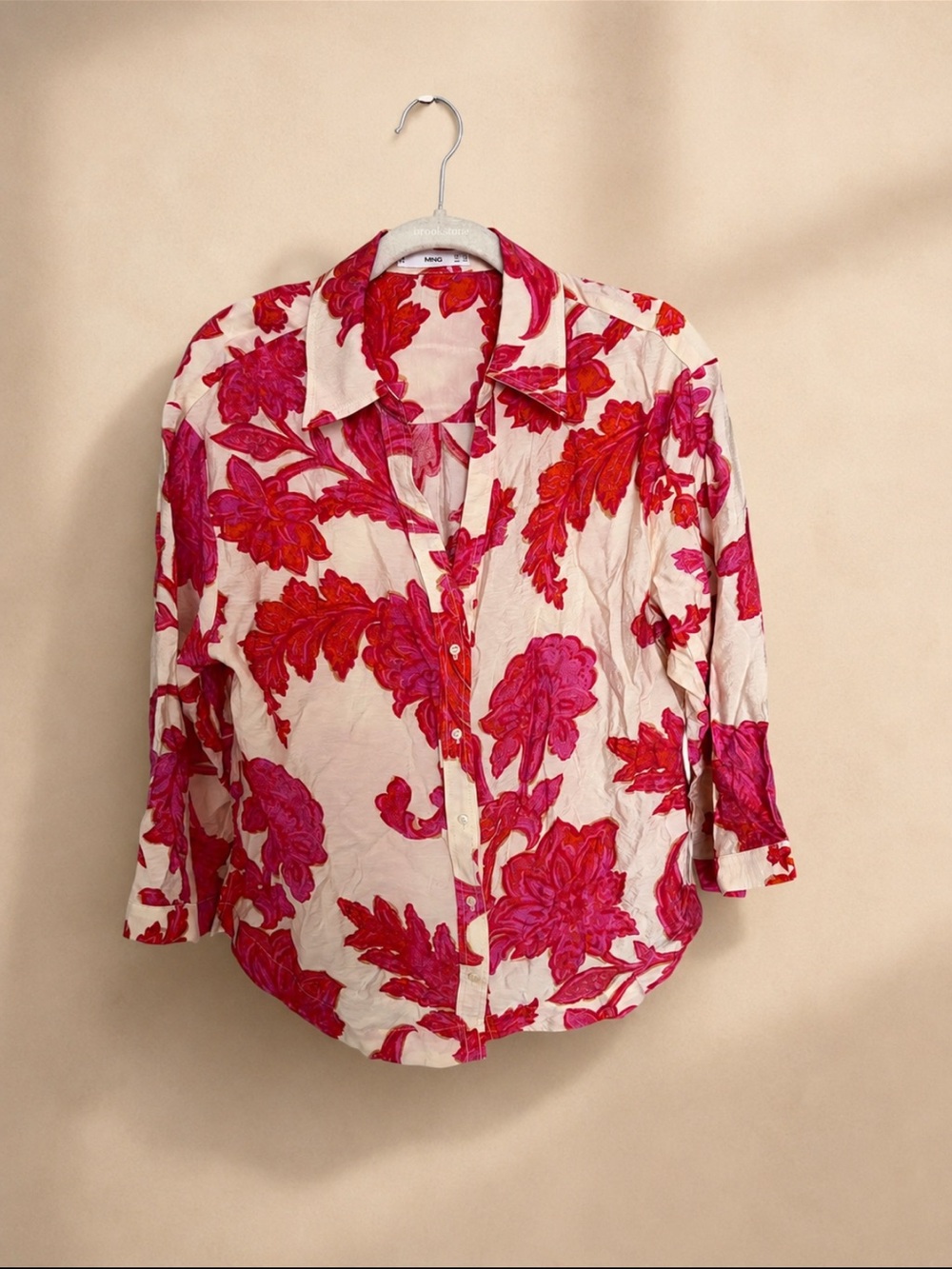 MANGO WOMEN Floral Button-Down Shirt in Pink and Cream Size 4 - Picture 5 of 7